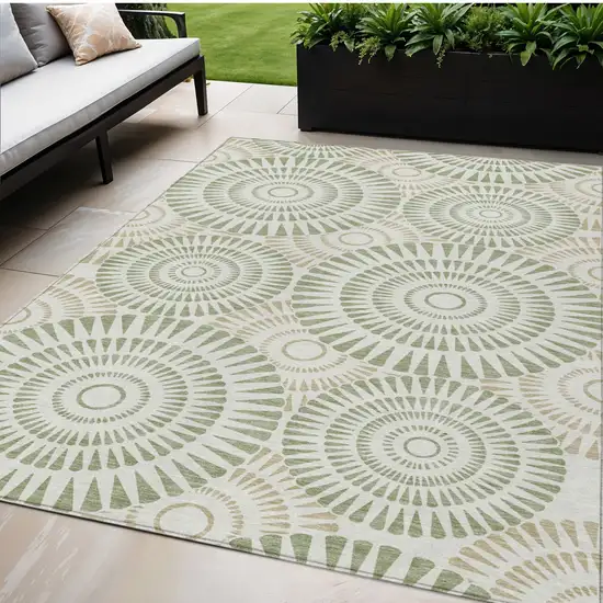 Artichoke Green Brown And Beige Geometric Washable Indoor Outdoor Area Rug Photo 1