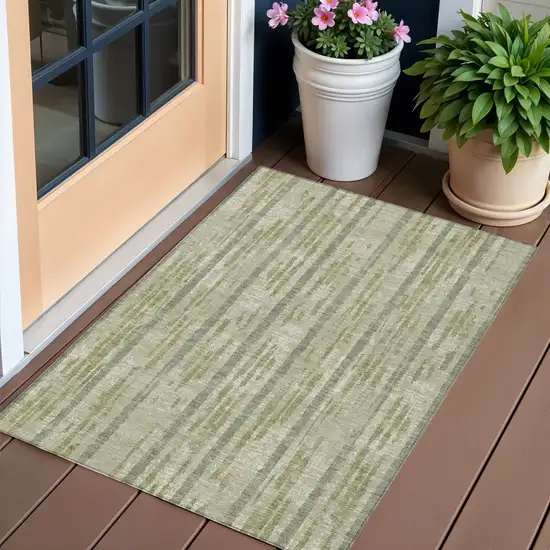 Artichoke Green Gray And Ivory Striped Washable Indoor Outdoor Area Rug Photo 1