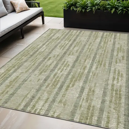 Artichoke Green Gray And Ivory Striped Washable Indoor Outdoor Area Rug Photo 1