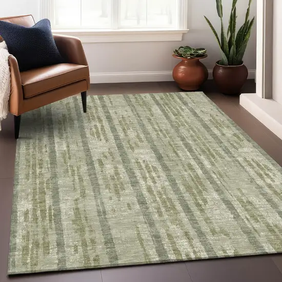 Artichoke Green Gray And Ivory Striped Washable Indoor Outdoor Area Rug Photo 9
