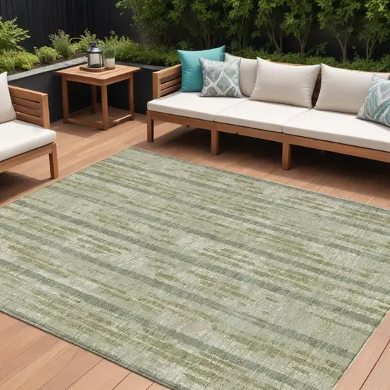 Artichoke Green Gray And Ivory Striped Washable Indoor Outdoor Area Rug Photo 1