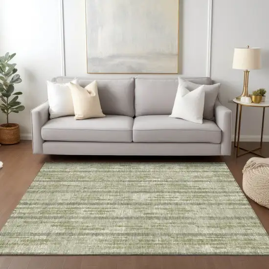Artichoke Green Gray And Ivory Striped Washable Indoor Outdoor Area Rug Photo 9