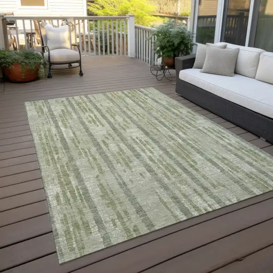 Artichoke Green Gray And Ivory Striped Washable Indoor Outdoor Area Rug Photo 7