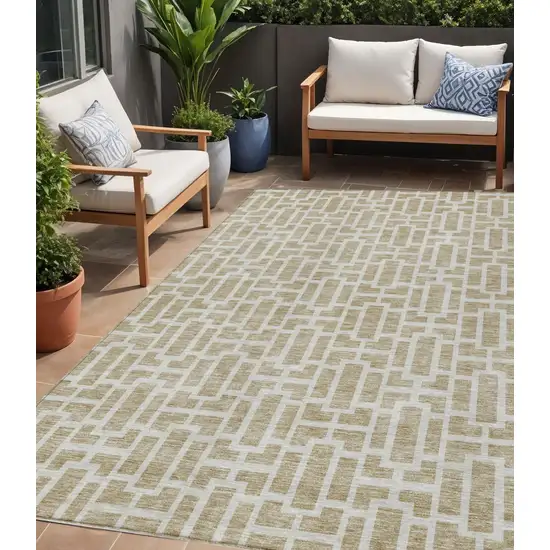 Beige And Brown Geometric Washable Indoor Outdoor Area Rug Photo 1