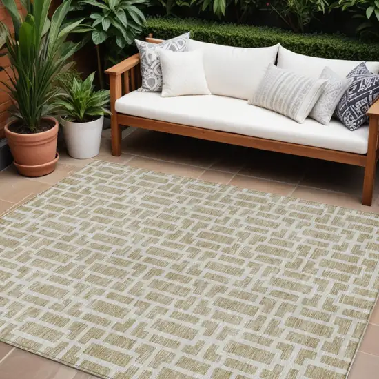 Beige And Brown Geometric Washable Indoor Outdoor Area Rug Photo 1