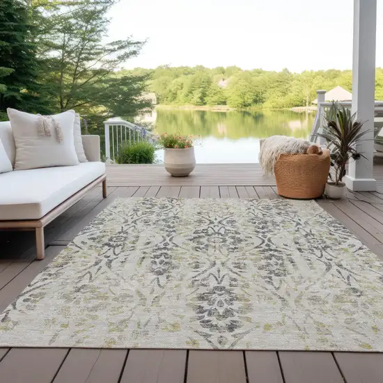Beige And Dark Gray Floral Washable Indoor Outdoor Area Rug Photo 9
