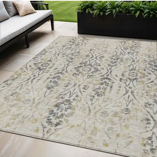 Beige And Dark Gray Floral Washable Indoor Outdoor Area Rug Photo 1