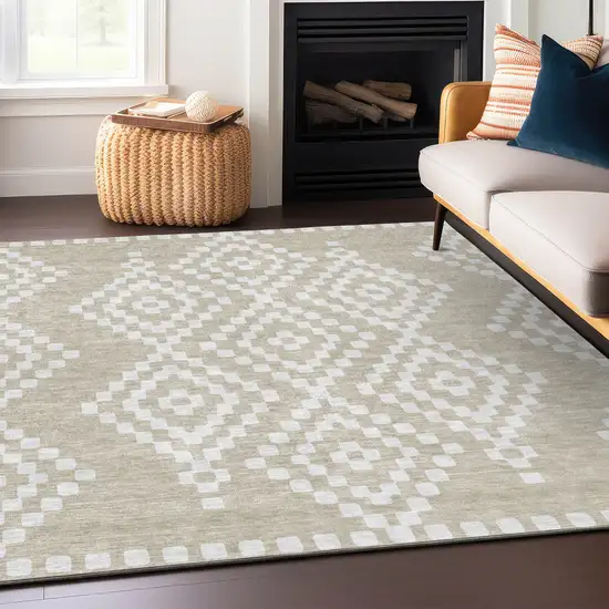 Beige And Ivory Geometric Washable Indoor Outdoor Area Rug Photo 8