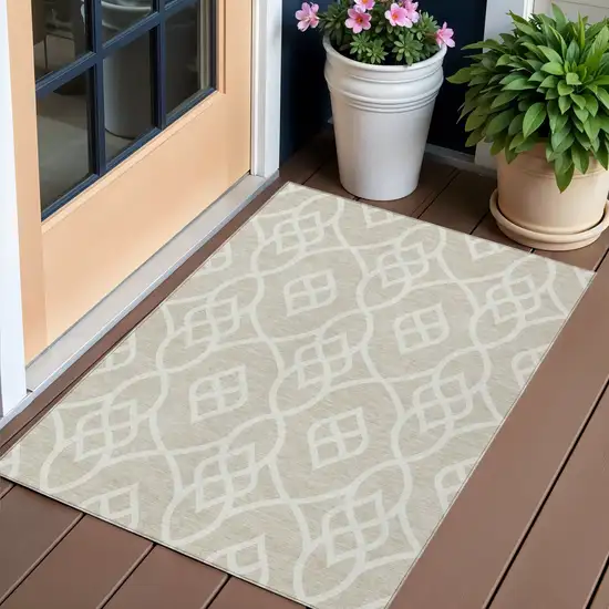 Beige And Ivory Trellis Washable Indoor Outdoor Area Rug Photo 1
