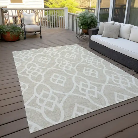 Beige And Ivory Trellis Washable Indoor Outdoor Area Rug Photo 7