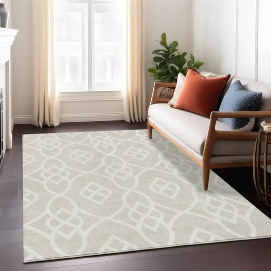 Beige And Ivory Trellis Washable Indoor Outdoor Area Rug Photo 9