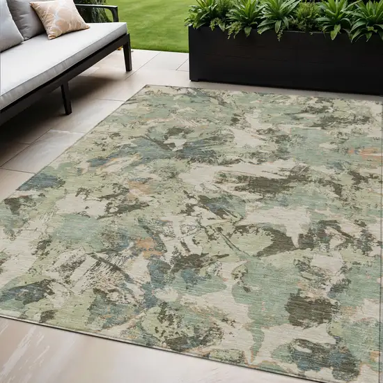 Beige Brown And Green Floral Washable Indoor Outdoor Area Rug Photo 1
