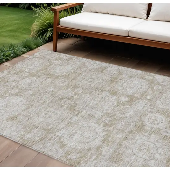 Beige Tan And Gray Floral Washable Indoor Outdoor Area Rug Photo 1