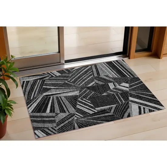 Black And Gray Geometric Washable Indoor Outdoor Area Rug Photo 1