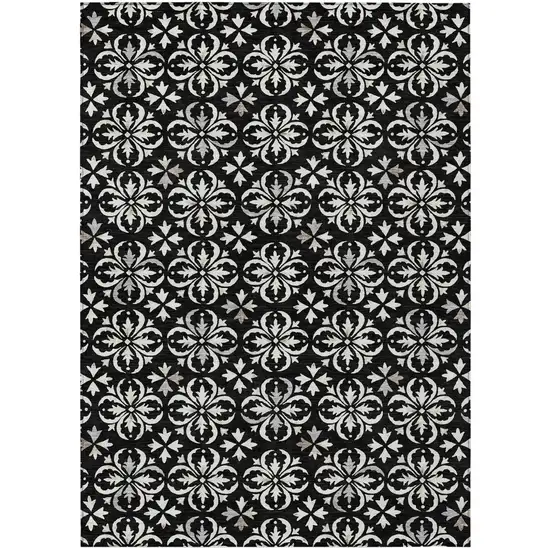 Black And Ivory Floral Washable Indoor Outdoor Area Rug Photo 2