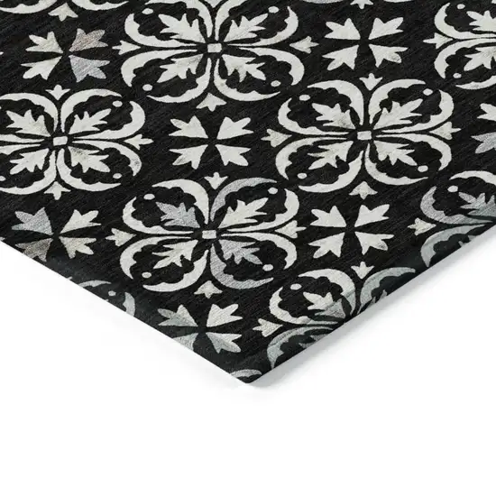 Black And Ivory Floral Washable Indoor Outdoor Area Rug Photo 3