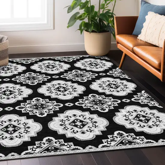 Black And Ivory Medallion Washable Indoor Outdoor Area Rug Photo 9
