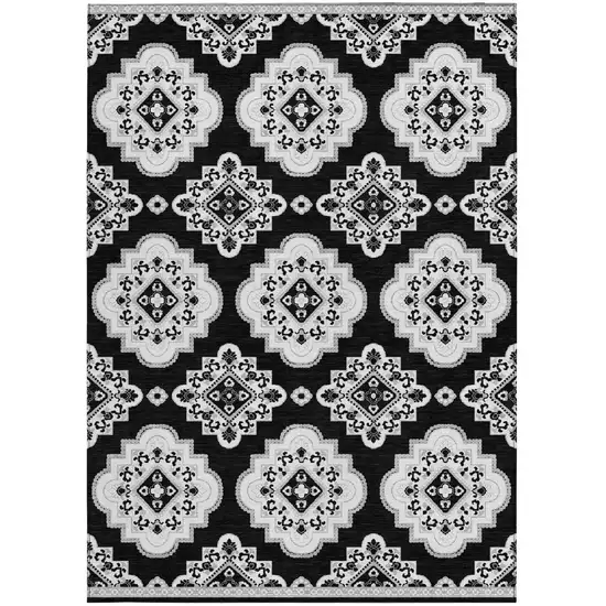 Black And Ivory Medallion Washable Indoor Outdoor Area Rug Photo 7