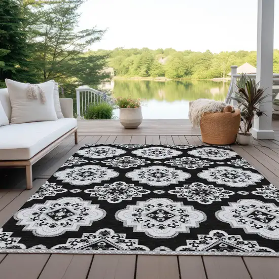 Black And Ivory Medallion Washable Indoor Outdoor Area Rug Photo 8