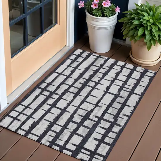 Black Beige And Gray Striped Washable Indoor Outdoor Area Rug Photo 1