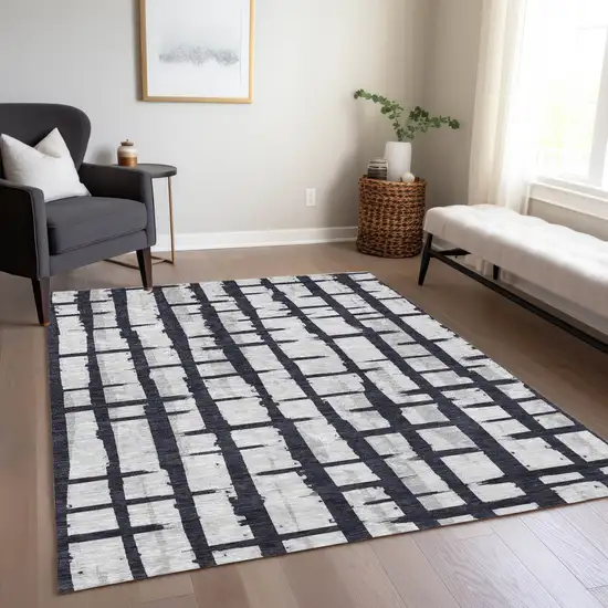 Black Beige And Gray Striped Washable Indoor Outdoor Area Rug Photo 9
