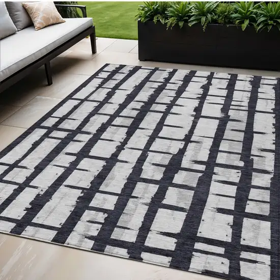 Black Beige And Gray Striped Washable Indoor Outdoor Area Rug Photo 1