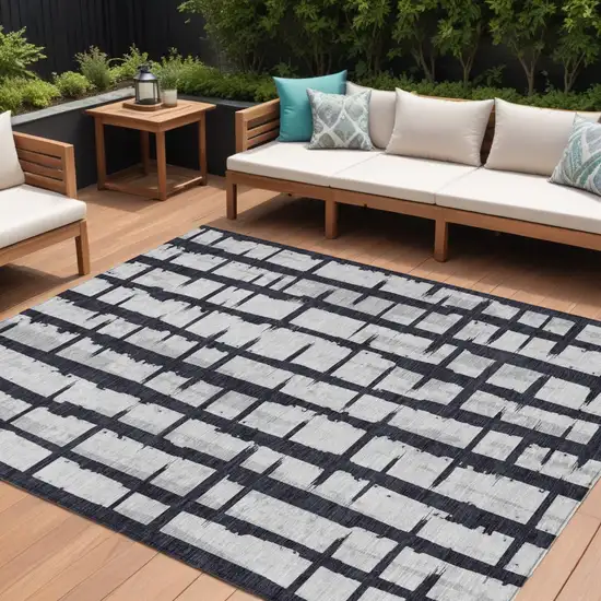 Black Beige And Gray Striped Washable Indoor Outdoor Area Rug Photo 1