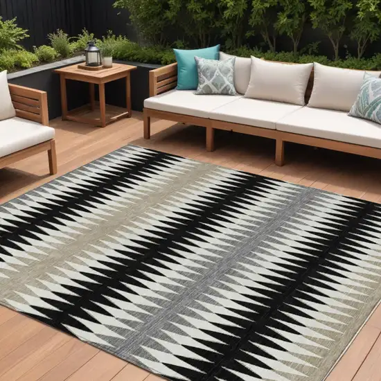 Black Gray And Beige Striped Washable Indoor Outdoor Area Rug Photo 1