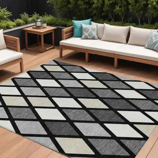 Black Gray And Ivory Geometric Washable Indoor Outdoor Area Rug Photo 1