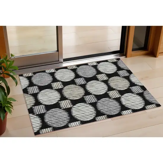 Black Gray And Ivory Geometric Washable Indoor Outdoor Area Rug Photo 1