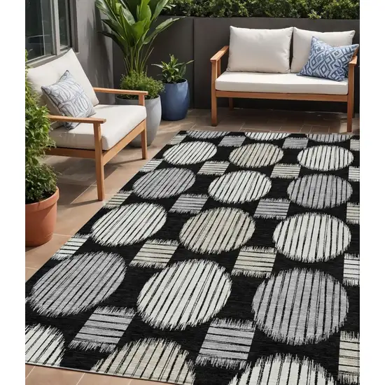 Black Gray And Ivory Geometric Washable Indoor Outdoor Area Rug Photo 1