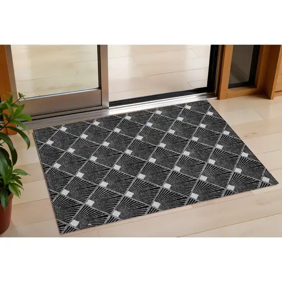 Black Gray And Ivory Geometric Washable Indoor Outdoor Area Rug Photo 1