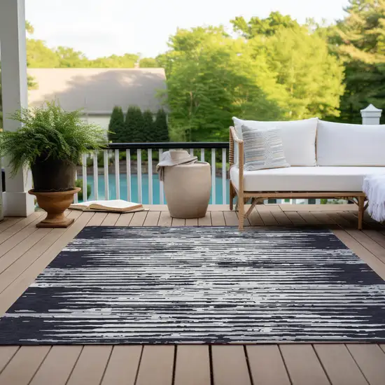 Black Gray And Ivory Striped Washable Indoor Outdoor Area Rug Photo 9