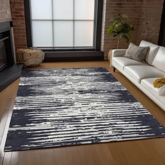 Black Gray And Ivory Striped Washable Indoor Outdoor Area Rug Photo 8