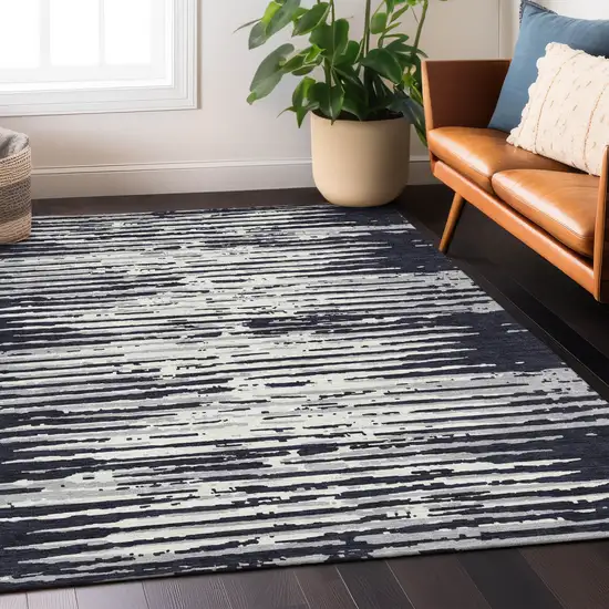 Black Gray And Ivory Striped Washable Indoor Outdoor Area Rug Photo 9