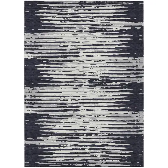 Black Gray And Ivory Striped Washable Indoor Outdoor Area Rug Photo 2