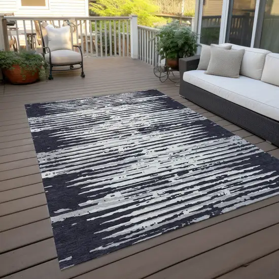 Black Gray And Ivory Striped Washable Indoor Outdoor Area Rug Photo 8