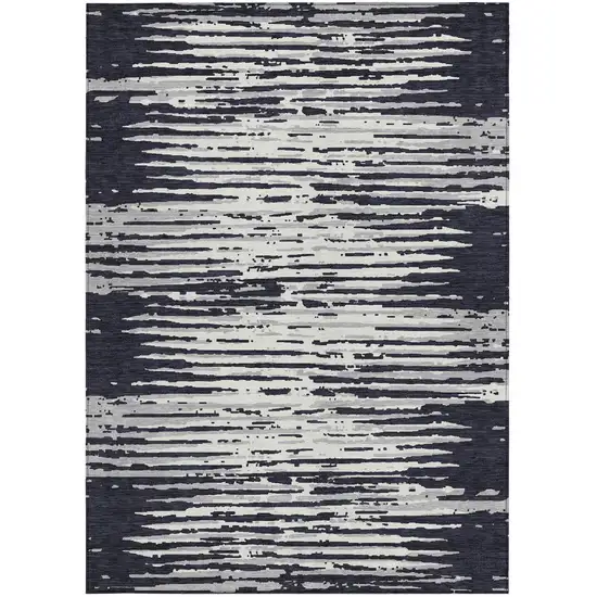 Black Gray And Ivory Striped Washable Indoor Outdoor Area Rug Photo 7