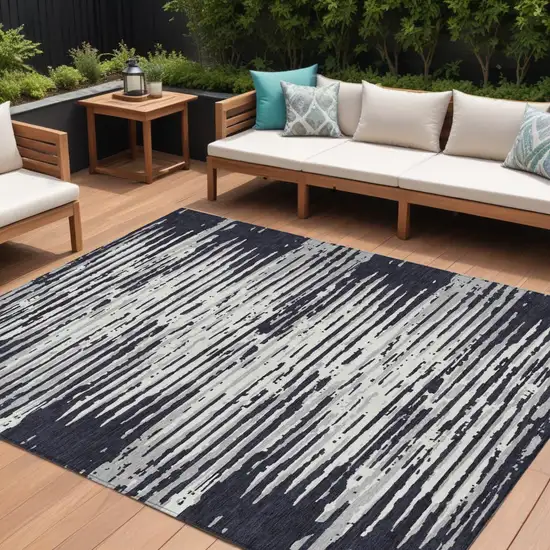 Black Gray And Ivory Striped Washable Indoor Outdoor Area Rug Photo 1