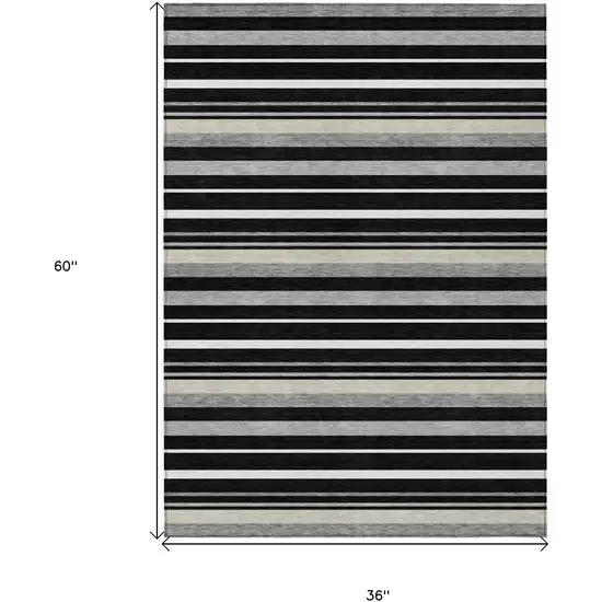 Black Ivory And Gray Striped Washable Indoor Outdoor Area Rug Photo 3