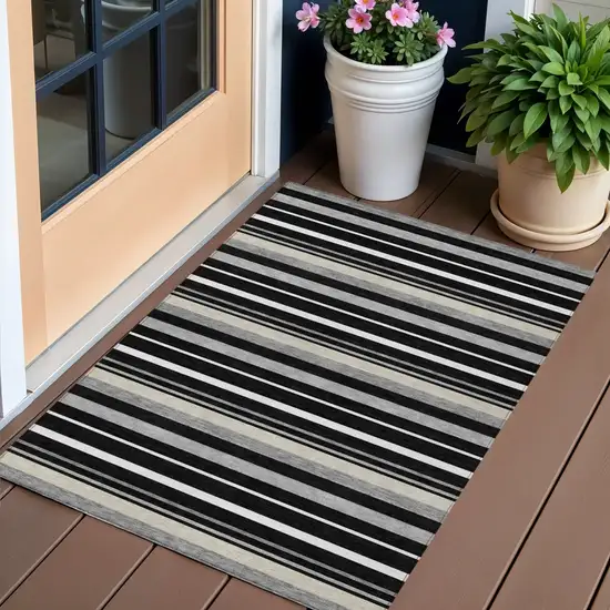 Black Ivory And Gray Striped Washable Indoor Outdoor Area Rug Photo 1