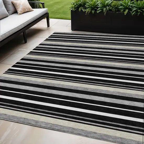 Black Ivory And Gray Striped Washable Indoor Outdoor Area Rug Photo 1