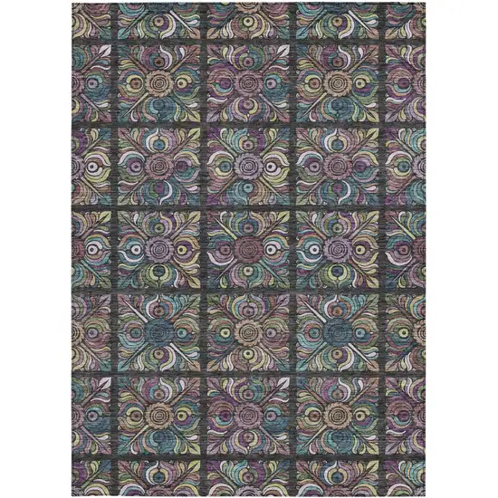 Black Purple And Teal Blue Medallion Washable Indoor Outdoor Area Rug Photo 8