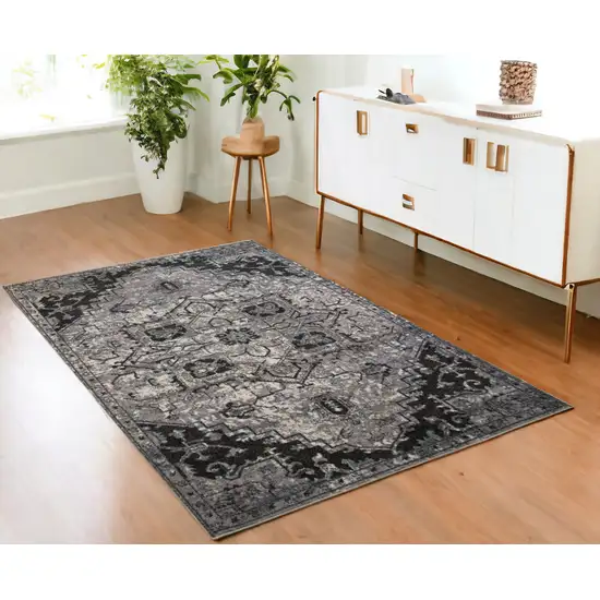 Black and Gray Medallion Power Loom Area Rug Photo 1