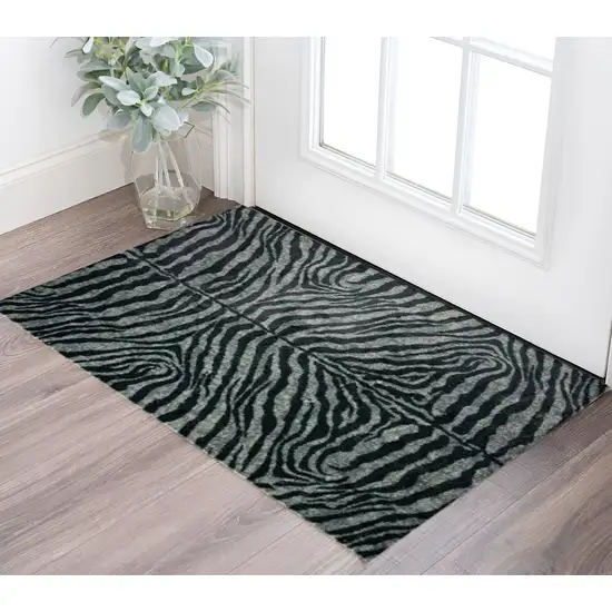 Black and Gray Zebra Print Shag Handmade Non Skid Area Rug Photo 1