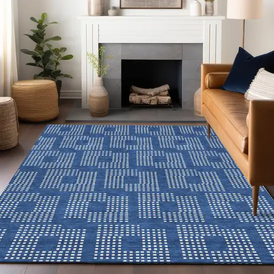 Blue And Ivory Geometric Washable Indoor Outdoor Area Rug Photo 9