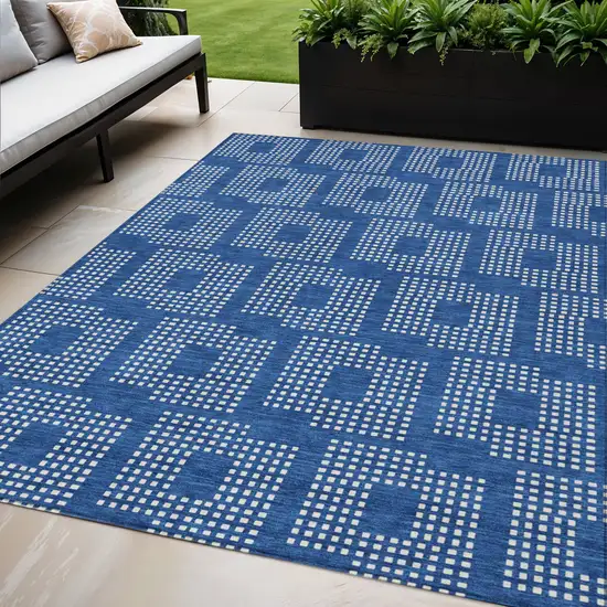 Blue And Ivory Geometric Washable Indoor Outdoor Area Rug Photo 1
