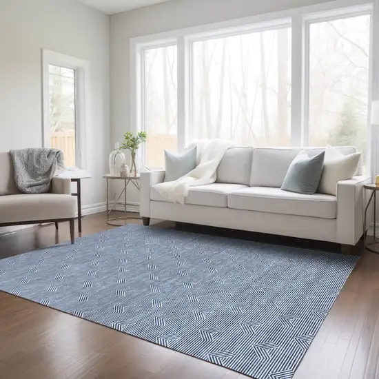 Blue And Ivory Geometric Washable Indoor Outdoor Area Rug Photo 9