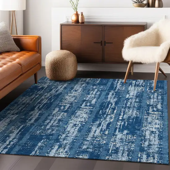 Blue And Ivory Striped Washable Indoor Outdoor Area Rug Photo 9