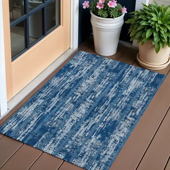 Blue And Ivory Striped Washable Indoor Outdoor Area Rug Photo 1